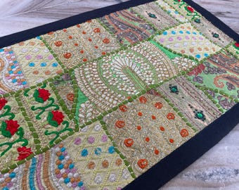 Boho Patchwork Table Runner, Indian Hand-Embroidered Wall Hanging, Reclaimed Textiles, Hand-Stitched Home Decor