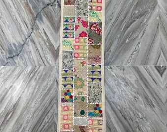 Boho Patchwork Table Runner, Hand-Embroidered Wall Hanging, Reclaimed Vintage Fabrics