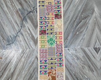 Boho Patchwork Table Runner, Indian Hand-Embroidered Wall Hanging, Reclaimed Textiles, Hand-Stitched Runner