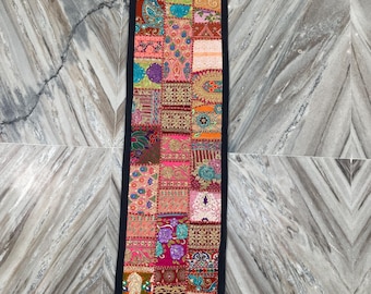 Boho Patchwork Table Runner, Hand-Embroidered Wall Hanging, Reclaimed Vintage Fabrics