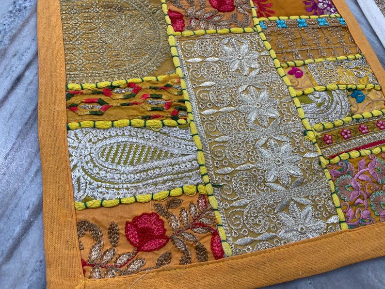 Boho Patchwork Table Runner, Hand-Embroidered Wall Hanging, Reclaimed Vintage Fabrics image 8