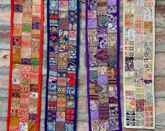 Boho Patchwork Table Runner, Hand-Embroidered Wall Hanging, Reclaimed Vintage Fabrics