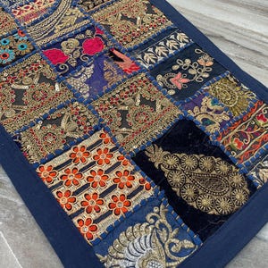 Boho Patchwork Table Runner, Hand-Embroidered Wall Hanging, Reclaimed Vintage Fabrics image 7