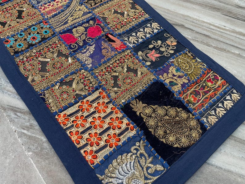 Boho Patchwork Table Runner, Hand-Embroidered Wall Hanging, Reclaimed Vintage Fabrics image 7