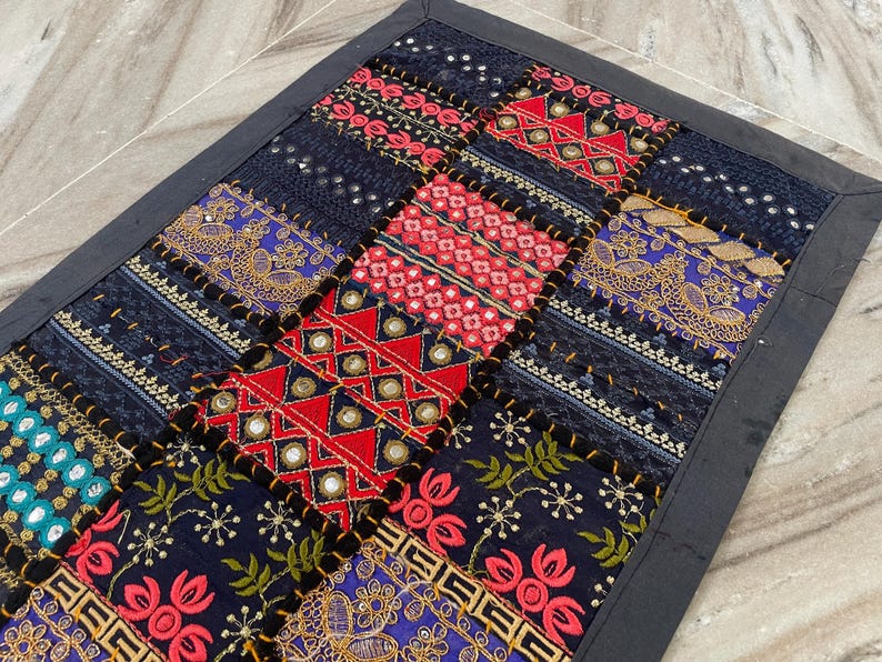 Boho Patchwork Table Runner, Hand-Embroidered Wall Hanging, Reclaimed Vintage Fabrics image 10