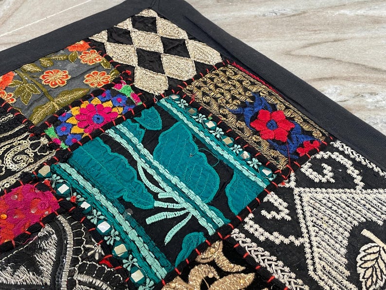 Boho Patchwork Table Runner, Hand-Embroidered Wall Hanging, Reclaimed Vintage Fabrics image 5