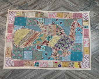 Patchwork Peocock Wall Hanging, Reclaimed Fabric, Hand-Embroidered Tapestry, Bohemian Home Decor textile 40x60 Inch