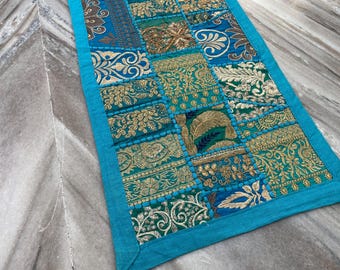Boho Patchwork Table Runner, Hand-Embroidered Wall Hanging, Reclaimed Vintage Fabrics