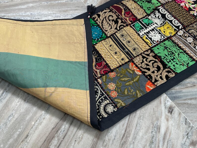 Boho Patchwork Table Runner, Hand-Embroidered Wall Hanging, Reclaimed Vintage Fabrics image 3