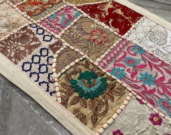 Boho Patchwork Table Runner, Indian Hand-Embroidered Wall Hanging, Reclaimed Textiles, Hand-Stitched Home Decor