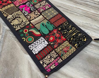 Boho Patchwork Table Runner, Indian Hand-Embroidered Wall Hanging, Reclaimed Textiles, Hand-Stitched Runner