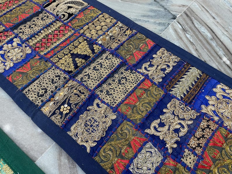 Boho Patchwork Table Runner, Hand-Embroidered Wall Hanging, Reclaimed Vintage Fabrics image 13
