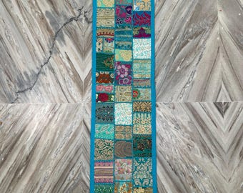 Boho Patchwork Table Runner, Hand-Embroidered Wall Hanging, Reclaimed Vintage Fabrics