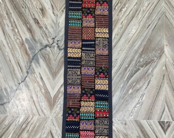 Boho Patchwork Table Runner, Hand-Embroidered Wall Hanging, Reclaimed Vintage Fabrics