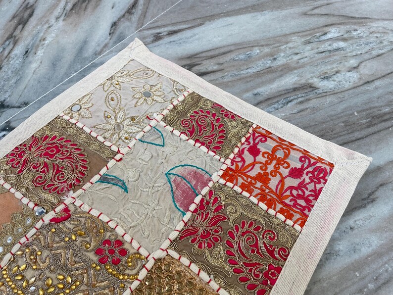 Boho Patchwork Table Runner, Hand-Embroidered Wall Hanging, Reclaimed Vintage Fabrics image 7