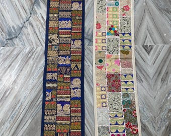 Boho Patchwork Table Runner, Hand-Embroidered Wall Hanging, Reclaimed Vintage Fabrics
