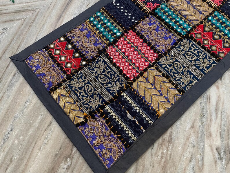 Boho Patchwork Table Runner, Hand-Embroidered Wall Hanging, Reclaimed Vintage Fabrics image 5