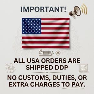 May include: Image with the text "IMPORTANT!" and the American flag. Below the flag, the text reads "ALL USA ORDERS ARE SHIPPED DDP NO CUSTOMS, DUTIES, OR EXTRA CHARGES TO PAY."