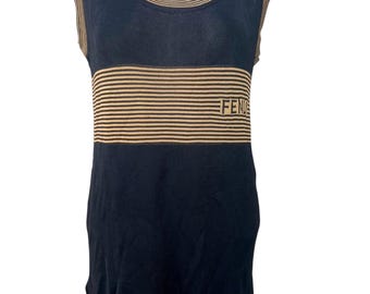 Abito canotta vintage Fendi in maglia: nero, marrone, con logo, mini, senza maniche