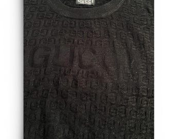 Jersey de punto vintage Gucci negro con monograma y logo