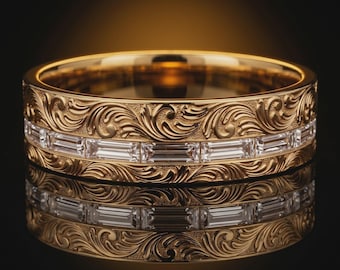 Anillo de boda para hombre de oro de 14 quilates con diamantes talla baguette — Anillo de eternidad con hojas de acanto grabadas a mano — Joyería fina con diamantes de laboratorio