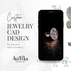 Op de afbeelding: Een digitale weergave van een diamanten ring op een smartphonescherm. De ring heeft een grote, ovaal geslepen middensteen omringd door kleinere diamanten. De tekst luidt "Custom Jewelry CAD Design" en "See your piece before we make it."
