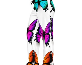 Kolorowe spodnie piżamowe damskie z wzorem motyli | Nadruk na całej powierzchni