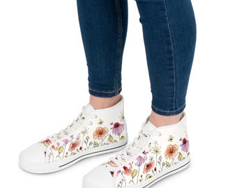 Watercolor Wildflower Illustration Women's High Top Sneakers | Floral Canvas Shoes
