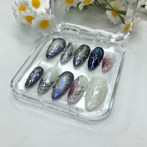 Holographic Silver Chrome Press On Nails – Handcrafted Abstract Nail Art with 3D Accents – Gothic Alternative Statement Nails