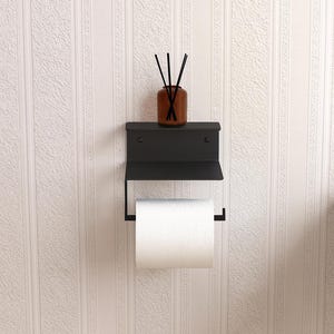 Minimalist Black Metal Toilet Paper Holder with Shelf Modern Bathroom Wall Accessory for Home and Office Restroom Decor