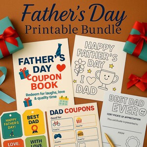 Afdrukbare bundel Vaderdag – couponboek, kleurkaart, certificaat en cadeaukaartjes – leuk doe-het-zelfcadeau voor papa – direct downloaden