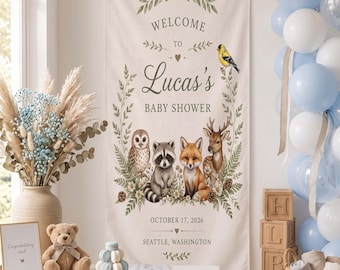 Panneau personnalisé pour baby shower sur le thème de la forêt, bannière personnalisée pour fête sur le thème des animaux de la forêt, décor aquarelle renard et cerf, décoration bohème nature pour événement.