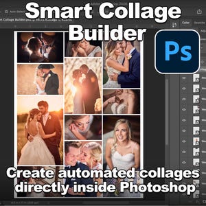 May include: A digital collage of wedding photos, with the text "Smart Collage Builder" and "Create automated collages directly inside Photoshop." The Adobe Photoshop logo is visible. The collage features various couples in wedding attire.