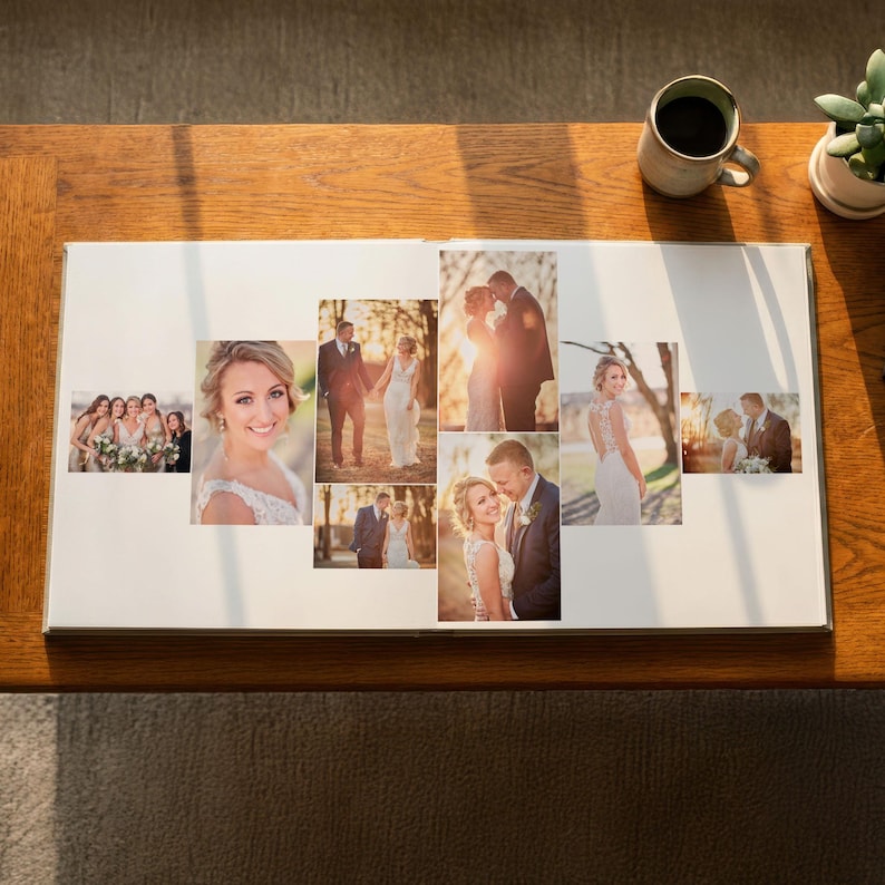 May include: An open photo album featuring a collection of wedding photographs printed on white pages. The images display various scenes including a bride, a groom, and wedding party members in outdoor settings with warm, natural sunlight.