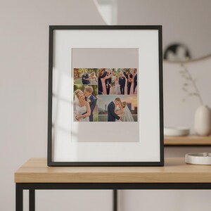 K&ouml;nnte beinhalten: Ein schwarzer rechteckiger Bilderrahmen mit wei&szlig;em Passepartout, der eine Fotocollage aus vier Hochzeitsbildern enth&auml;lt. Die Collage zeigt Paare in festlicher Kleidung, darunter eine Braut im wei&szlig;en Kleid und ein Br&auml;utigam im dunkelblauen Anzug.