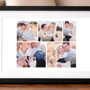 K&ouml;nnte beinhalten: Ein schwarzer rechteckiger Bilderrahmen mit wei&szlig;em Passepartout, der eine Collage aus f&uuml;nf separaten Fotos enth&auml;lt. Jedes Foto zeigt ein Paar in einer Au&szlig;enumgebung, das gemusterte Pullover tr&auml;gt und in verschiedenen Posen abgebildet ist.