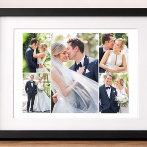K&ouml;nnte beinhalten: Ein schwarzer rechteckiger Bilderrahmen mit einer Collage aus f&uuml;nf Hochzeitsfotos. Die Bilder zeigen ein Paar in festlicher Kleidung, bestehend aus einem wei&szlig;en Brautkleid und einem dunklen Anzug, in verschiedenen Posen bei einer Zeremonie.