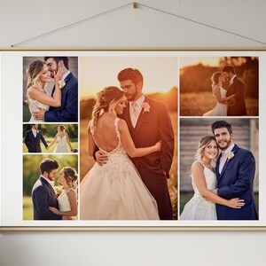 K&ouml;nnte beinhalten: Eine rechteckige Wand-Fotocollage in einem hellen Holzrahmen mit sechs verschiedenen Hochzeitsfotos eines Paares. Die Bilder zeigen verschiedene intime Momente, darunter Nahaufnahmen und Ganzk&ouml;rperaufnahmen, alle vor warmen, goldenen Au&szlig;enhintergr&uuml;nden.