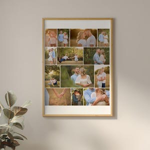 K&ouml;nnte beinhalten: Ein rechteckiger Wandrahmen mit einer Fotocollage aus zw&ouml;lf Au&szlig;enaufnahmen, die Paare in verschiedenen Posen zeigen, darunter stehend, sitzend und H&auml;ndchen haltend, alles vor einem hellen Hintergrund in einem d&uuml;nnen Holzrahmen.