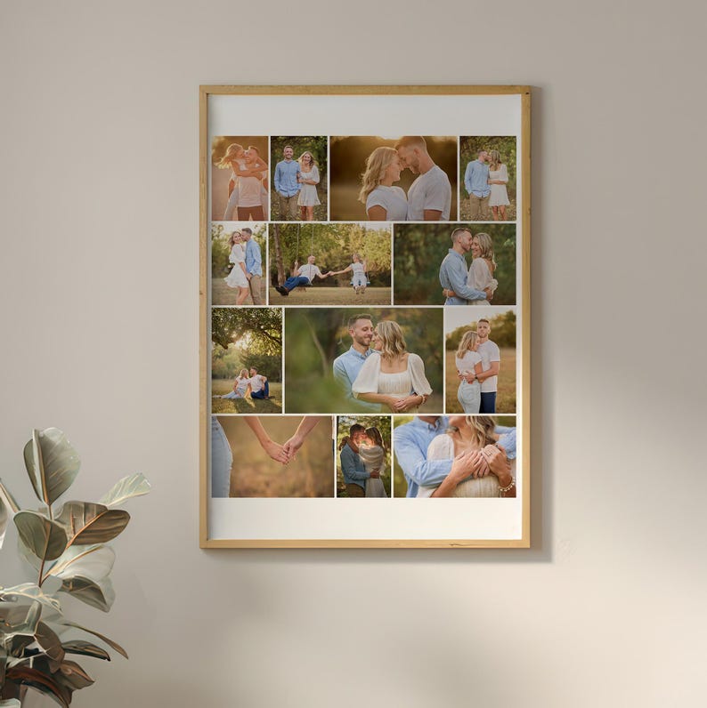 K&ouml;nnte beinhalten: Ein rechteckiger Wandrahmen mit einer Fotocollage aus zw&ouml;lf Au&szlig;enaufnahmen, die Paare in verschiedenen Posen zeigen, darunter stehend, sitzend und H&auml;ndchen haltend, alles vor einem hellen Hintergrund in einem d&uuml;nnen Holzrahmen.