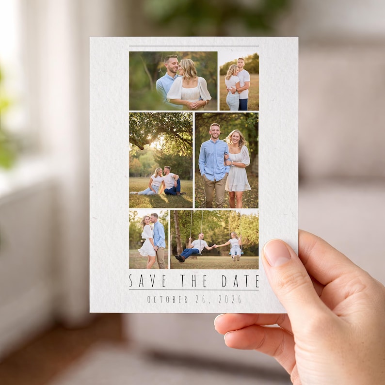 Puede incluir: Una tarjeta rectangular de "Save the Date" con un collage de seis fotograf&iacute;as al aire libre de una pareja. La tarjeta incluye el texto "SAVE THE DATE" y "OCTOBER 26, 2026" impreso en una fuente negra sans-serif sobre papel blanco texturizado.