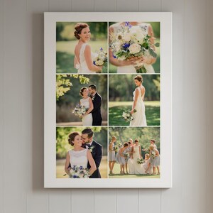 K&ouml;nnte beinhalten: Eine rechteckige, wei&szlig; gerahmte Wandcollage mit sechs Hochzeitsfotos. Die Bilder zeigen eine Person in einem wei&szlig;en Kleid, einen Blumenstrau&szlig;, ein sich umarmendes Paar und eine Gruppe in hellblauen Kleidern im Freien in einem Park.