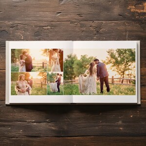 May include: A square photo album open to display five wedding photographs. The images feature a couple in a field at sunset, showing them embracing, standing together, and walking. The album has a white border and a clean, minimalist layout.