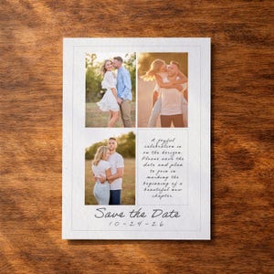 Puede incluir: Una tarjeta rectangular de Save the Date con tres fotograf&iacute;as de una pareja y un bloque de texto: A joyful celebration is on the horizon. Please save the date and plan to join in marking the beginning of a beautiful new chapter. Save the Date 10-24-26.