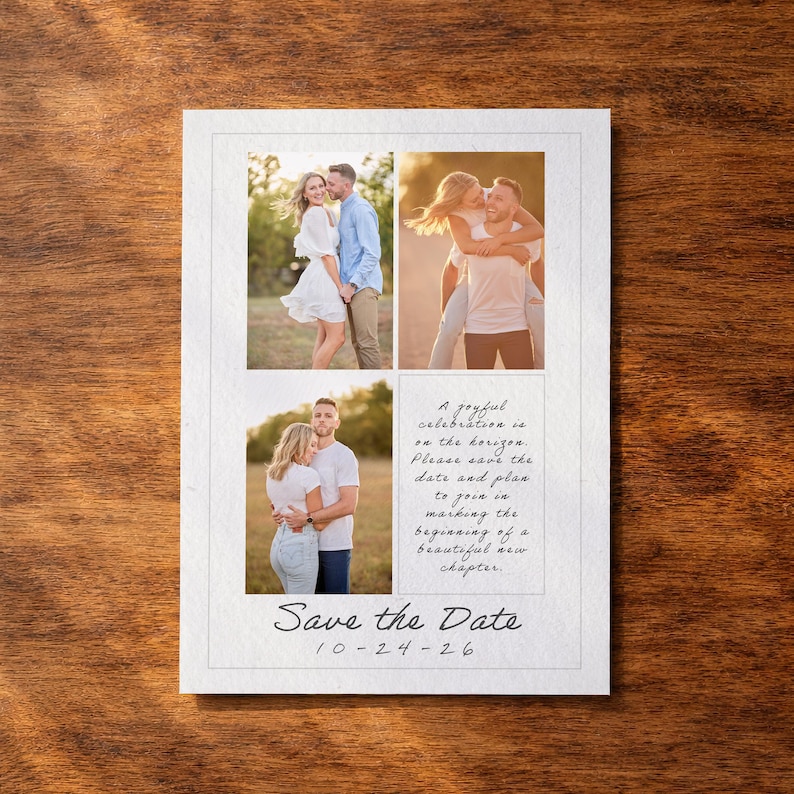 Puede incluir: Una tarjeta rectangular de Save the Date con tres fotograf&iacute;as de una pareja y un bloque de texto: A joyful celebration is on the horizon. Please save the date and plan to join in marking the beginning of a beautiful new chapter. Save the Date 10-24-26.