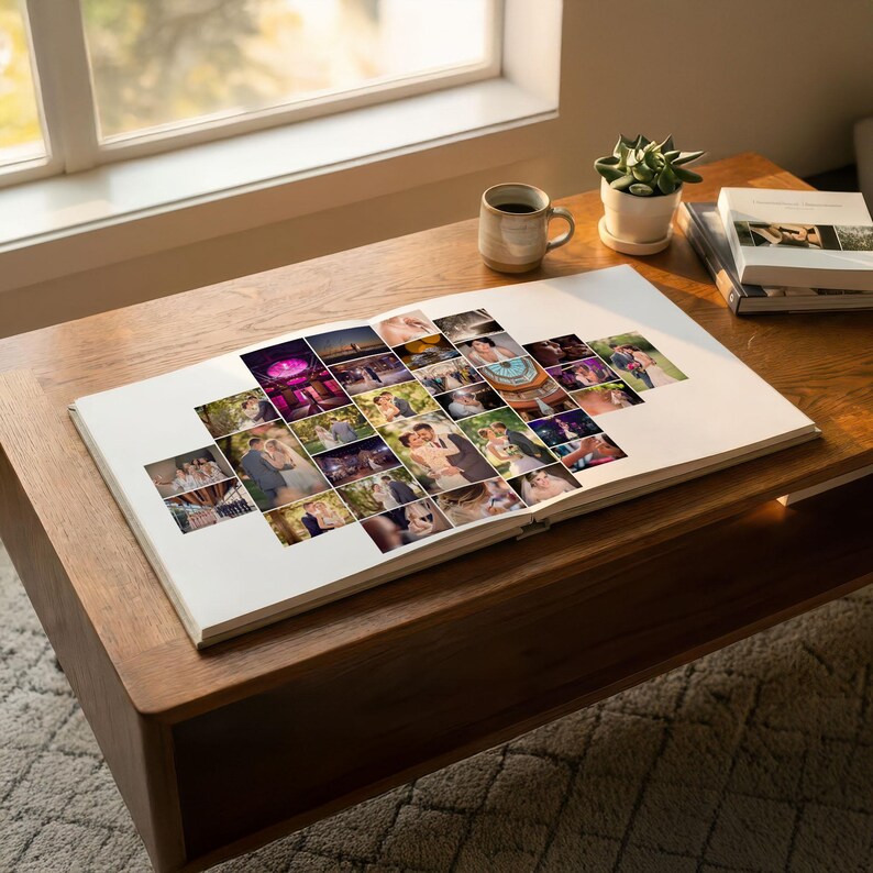 May include: A white photo album lies open, displaying a collage of various wedding photographs arranged in a central cluster on the page. The album is positioned on a wooden surface next to a ceramic mug and a stack of books near a window.