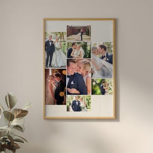 K&ouml;nnte beinhalten: Ein rechteckiger Holzrahmen mit einer Collage aus sieben Hochzeitsfotos. Die Bilder zeigen ein Paar in formeller Kleidung, bestehend aus einem wei&szlig;en Brautkleid und einem dunklen Anzug, aufgenommen in verschiedenen Au&szlig;en- und Innenbereichen w&auml;hrend der Hochzeit.
