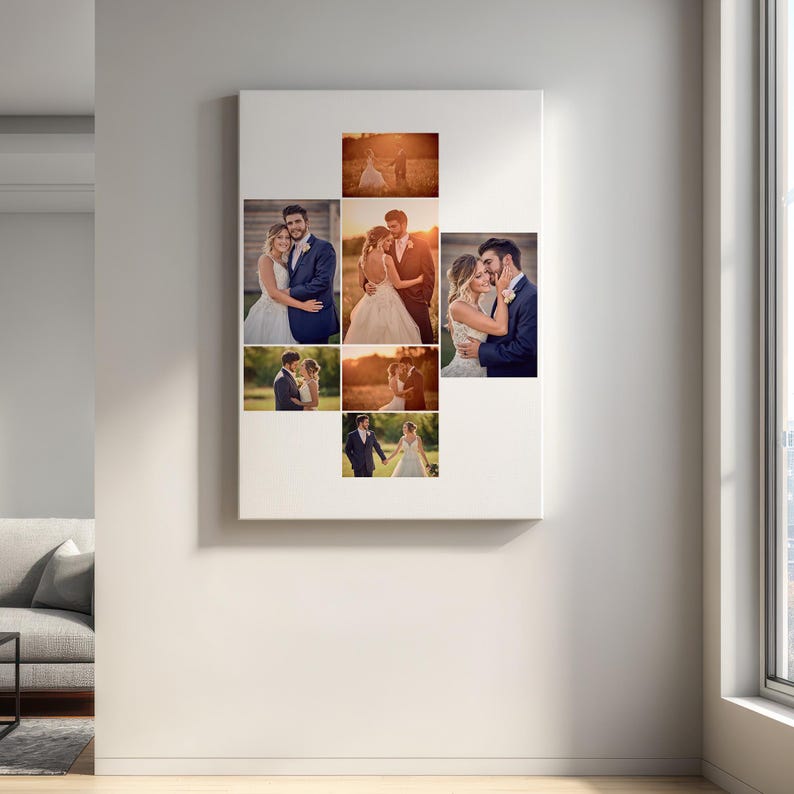K&ouml;nnte beinhalten: Eine rechteckige Wandleinwand mit einer Collage aus sieben Hochzeitsfotos. Die Bilder zeigen ein Paar in verschiedenen Au&szlig;enbereichen, darunter Felder und Naturlandschaften, aufgenommen w&auml;hrend der goldenen Stunde mit warmen Lichtt&ouml;nen.