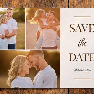 Puede incluir: Una tarjeta Save the Date rectangular con tres fotograf&iacute;as de una pareja con camisas blancas al aire libre. El lado derecho muestra el texto SAVE the DATE en letras marr&oacute;n oscuro sobre la fecha 26 de octubre de 2026, enmarcado por dos l&iacute;neas.