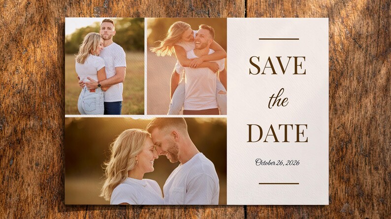 Puede incluir: Una tarjeta Save the Date rectangular con tres fotograf&iacute;as de una pareja con camisas blancas al aire libre. El lado derecho muestra el texto SAVE the DATE en letras marr&oacute;n oscuro sobre la fecha 26 de octubre de 2026, enmarcado por dos l&iacute;neas.
